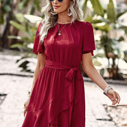 Women's Solid Color Elegant Round Neck Pleated Dress - Très Elite