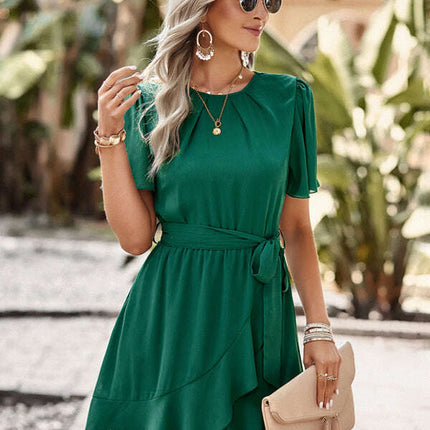 Women's Solid Color Elegant Round Neck Pleated Dress - Très Elite