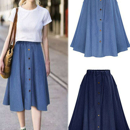 Women's Solid Denim Button-Front Skirt - Très Elite