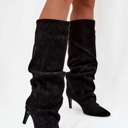 Women's Suede Heel Boots – Pointed Toe, Gathered Upper, Chic Comfort - Très Elite