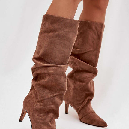 Women's Suede Heel Boots – Pointed Toe, Gathered Upper, Chic Comfort - Très Elite