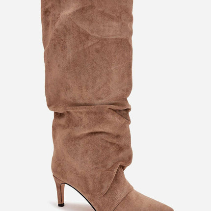 Women's Suede Heel Boots – Pointed Toe, Gathered Upper, Chic Comfort - Très Elite