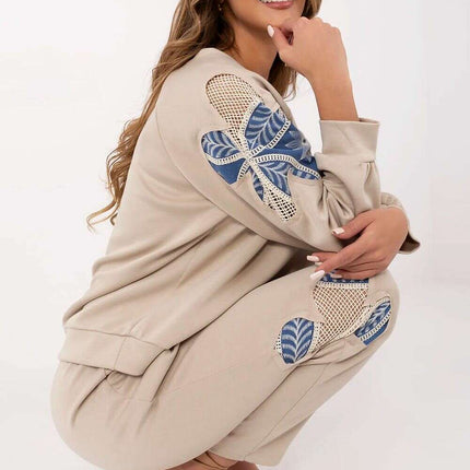 Womens Tracksuit Set 209494 Beige Openwork Embroidery - Très Elite