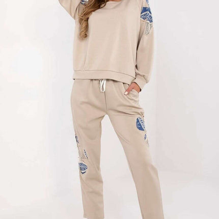 Womens Tracksuit Set 209494 Beige Openwork Embroidery - Très Elite
