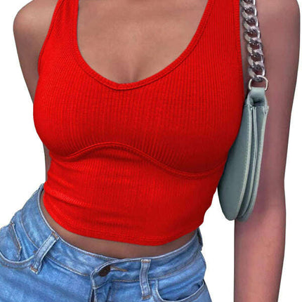 Women's V-Neck Stitching Stretch Solid Color Knit Tank Top - Très Elite