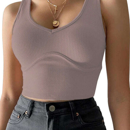Women's V-Neck Stitching Stretch Solid Color Knit Tank Top - Très Elite