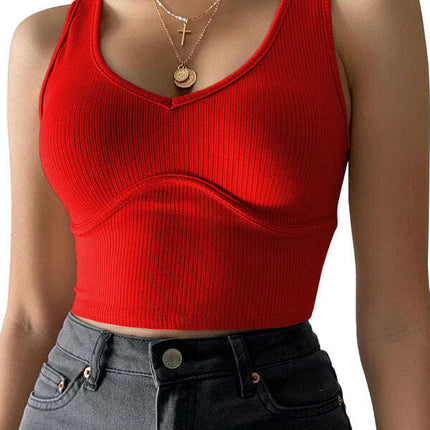 Women's V-Neck Stitching Stretch Solid Color Knit Tank Top