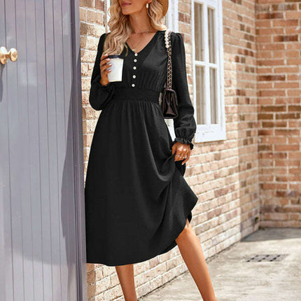 Women's V-neck waist solid color mid-length dress - Très Elite