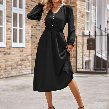 Women's V-neck waist solid color mid-length dress - Très Elite