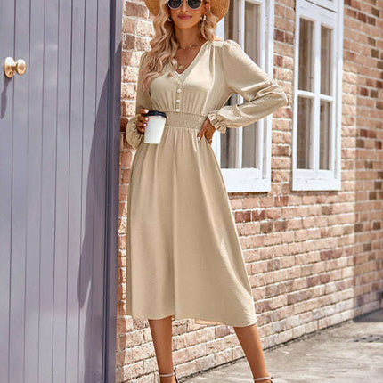 Women's V-neck waist solid color mid-length dress - Très Elite
