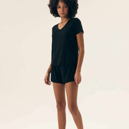 Women’s Viscose Pajama Set – Lace Trim, Short Sleeve Top & Shorts - Très Elite