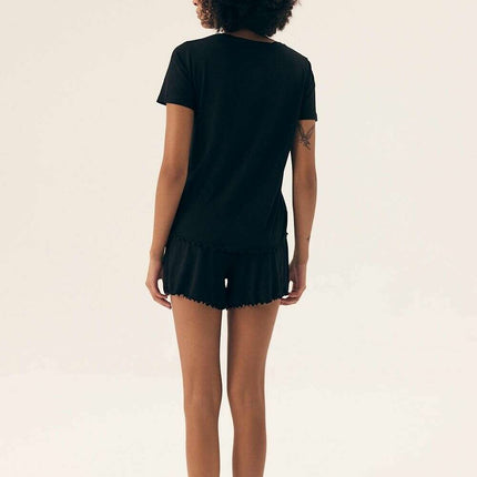 Women’s Viscose Pajama Set – Lace Trim, Short Sleeve Top & Shorts - Très Elite
