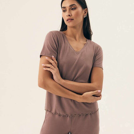 Women’s Viscose Pajama Set – Lace Trim, Short Sleeve Top & Shorts - Très Elite