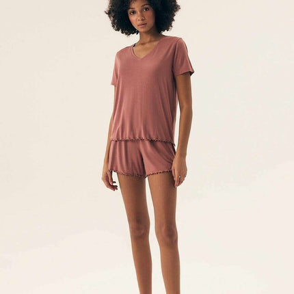 Women’s Viscose Pajama Set – Lace Trim, Short Sleeve Top & Shorts - Très Elite