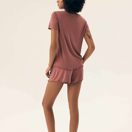 Women’s Viscose Pajama Set – Lace Trim, Short Sleeve Top & Shorts - Très Elite