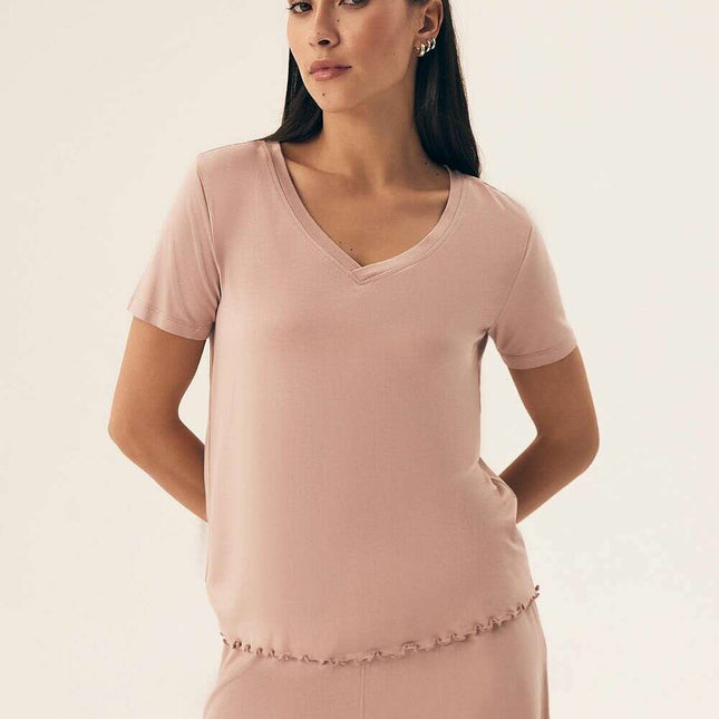 Women’s Viscose Pajama Set – Lace Trim, Short Sleeve Top & Shorts - Très Elite