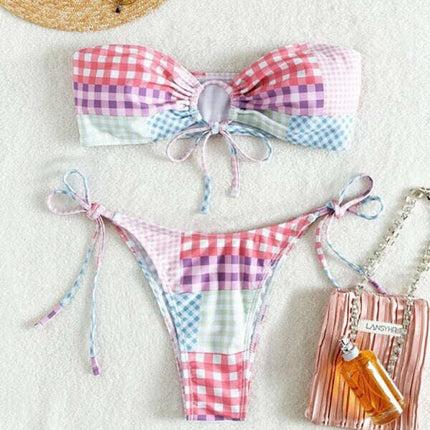 Women's hot spring resort plaid lace-up small fresh split swimsuit - Très Elite