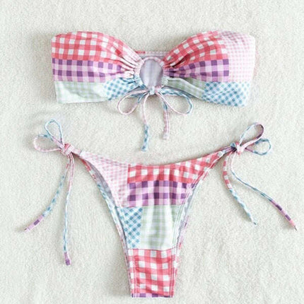 Women's hot spring resort plaid lace-up small fresh split swimsuit - Très Elite