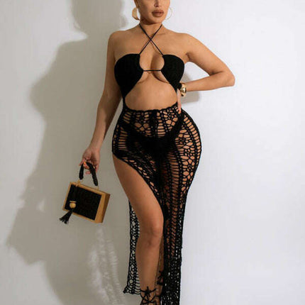 Women's long fringed stretch side slit suspender beach skirt - Très Elite