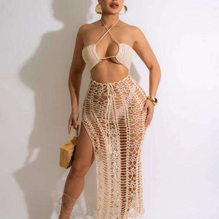 Women's long fringed stretch side slit suspender beach skirt