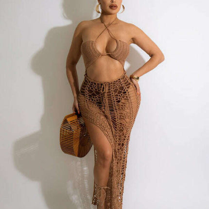 Women's long fringed stretch side slit suspender beach skirt