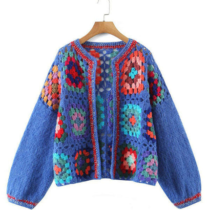 Women's loose color block crochet cardigan