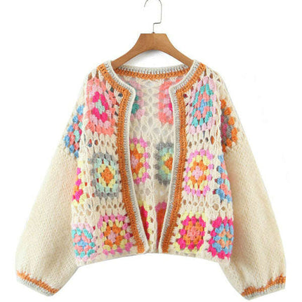 Women's loose color block crochet cardigan