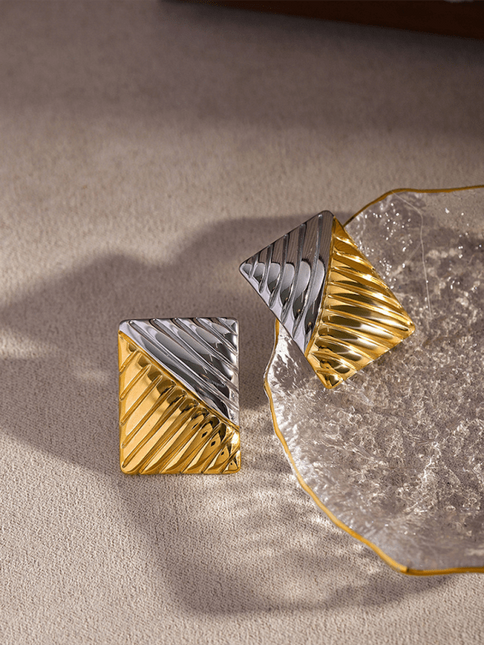 Women's minimalist square texture gold and silver color matching earrings