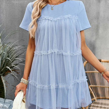 Women's new mesh splicing elegant round neck solid color dress