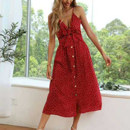 Women's new polka-dot lace-up bow A-line suspender dress - Très Elite