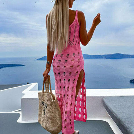 Women's new style knitted hollow solid color slim sexy V-neck slit dress - Très Elite