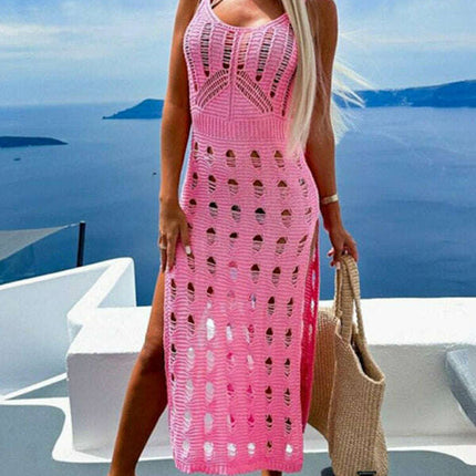 Women's new style knitted hollow solid color slim sexy V-neck slit dress - Très Elite