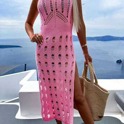 Women's new style knitted hollow solid color slim sexy V-neck slit dress