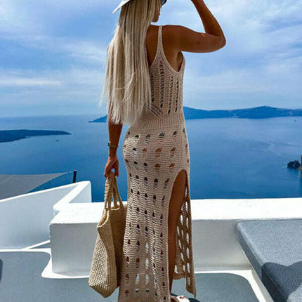 Women's new style knitted hollow solid color slim sexy V-neck slit dress - Très Elite