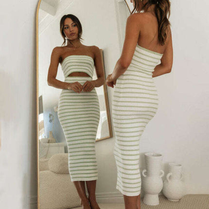 Women's one-shoulder sexy tube top striped knitted slim fit hip-hugging dress - Très Elite