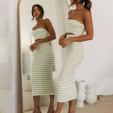 Women's one-shoulder sexy tube top striped knitted slim fit hip-hugging dress - Très Elite