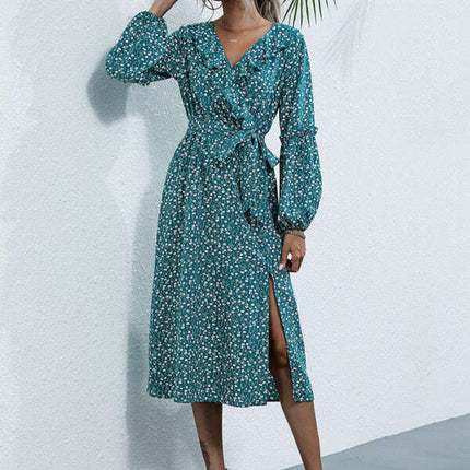 Women's ruffle collar long-sleeved floral dresses