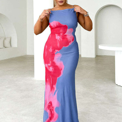 Women's slim-fit suspender dress with contrasting floral print