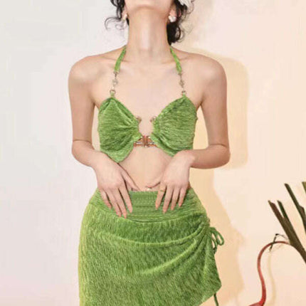 Women's split gold velvet three-piece vacation beach bikini - Très Elite