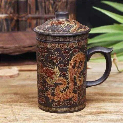 Yixing Dragon-Enhanced Purple Clay Tea Mug with Infuser and Lid for Discerning Tea Connoisseurs - Très Elite