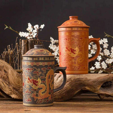 Yixing Dragon-Enhanced Purple Clay Tea Mug with Infuser and Lid for Discerning Tea Connoisseurs - Très Elite