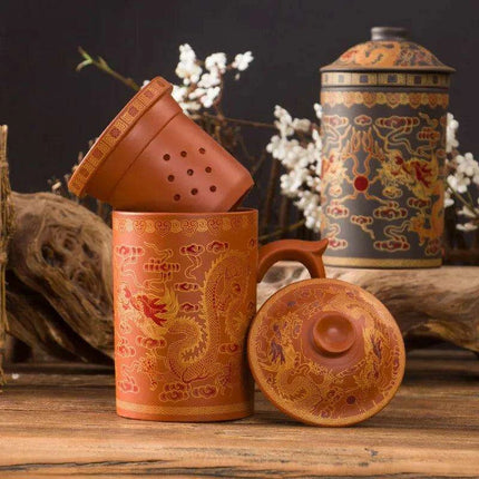 Yixing Dragon-Enhanced Purple Clay Tea Mug with Infuser and Lid for Discerning Tea Connoisseurs - Très Elite