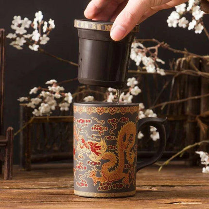 Yixing Dragon-Enhanced Purple Clay Tea Mug with Infuser and Lid for Discerning Tea Connoisseurs - Très Elite