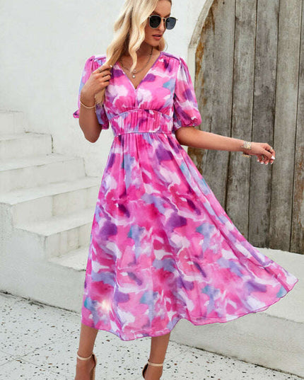 Elegant printed waist V-neck long dress
