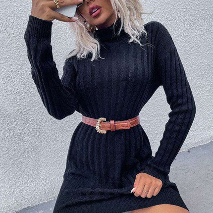 Cozy Striped Turtleneck Sweater Dress with Unique Pit Strip Detail for Women