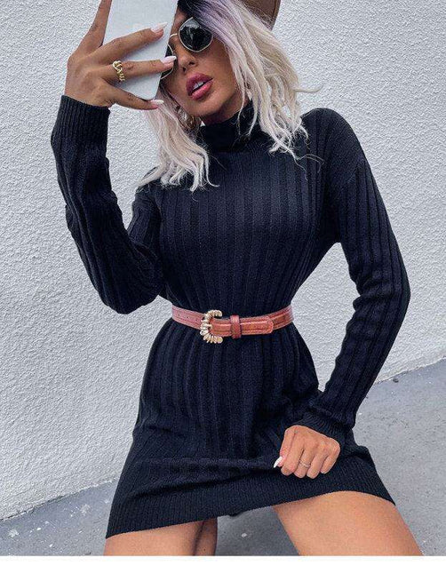 Cozy Striped Turtleneck Sweater Dress with Unique Pit Strip Detail for Women