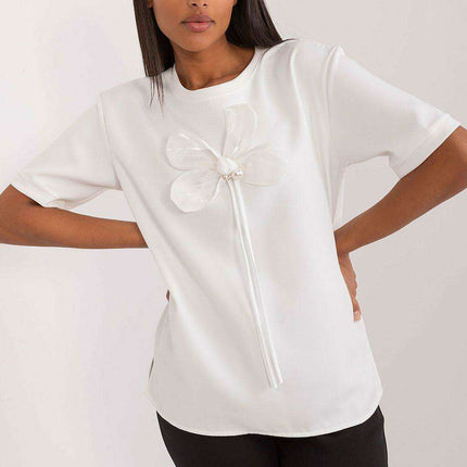 Zirconia-Embellished Floral Cotton Blouse