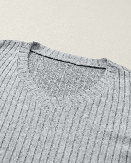 Cozy Light Grey V-Neck Ribbed Knit Lounge Set for Stylish Relaxation
