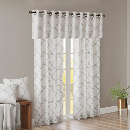 Room and Decor Fretwork Print Grommet Top Valance, Ivory Grey, 50x18