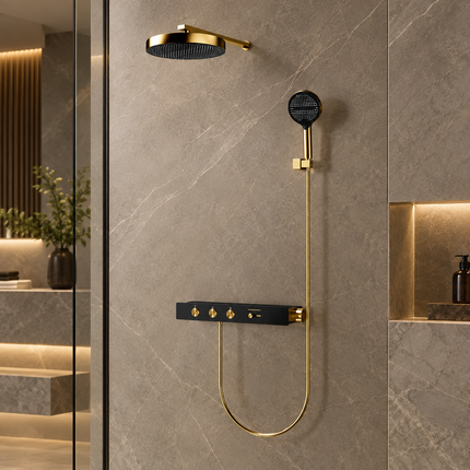 Luxury Concealed Thermostatic Shower System Set with Brass Rainfall Head & Gold Finish